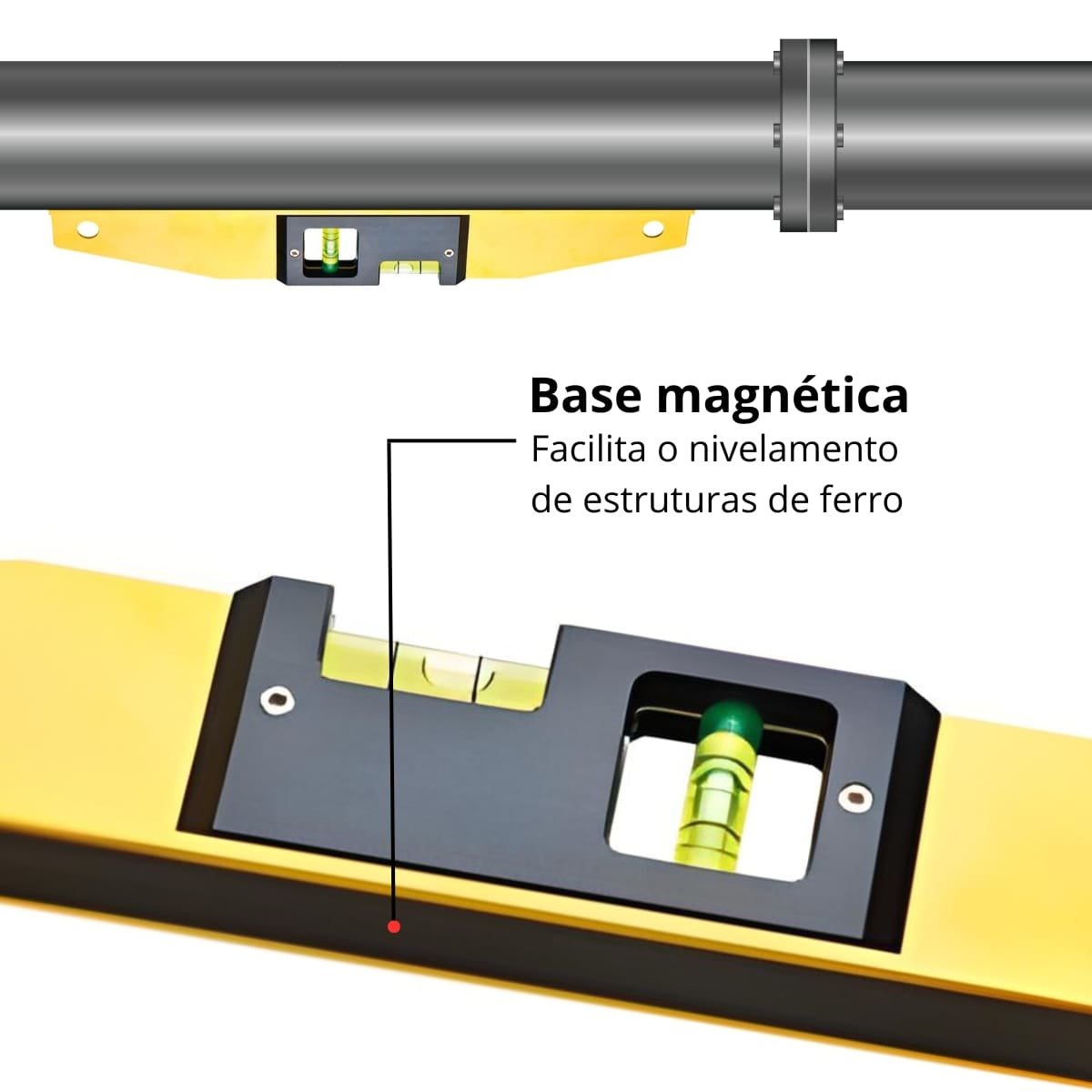 Nível de Mão Nivelamento Magnético Alumínio 14" X 40cm com Imã + Esquadro de Aço 12" Cabo Metálico - 4