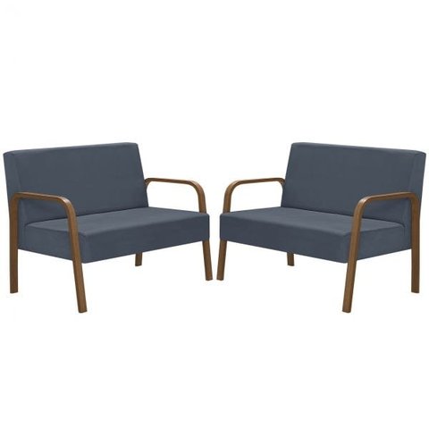 Kit Poltrona Decorativa 2 Namoradeiras Jade Braço Madeira D Salla Suede Azul Bic