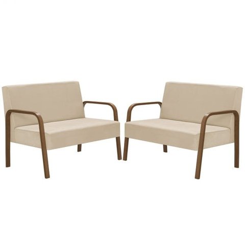 Kit Poltrona Decorativa 2 Namoradeiras Jade Braço Madeira D Salla Suede Bege