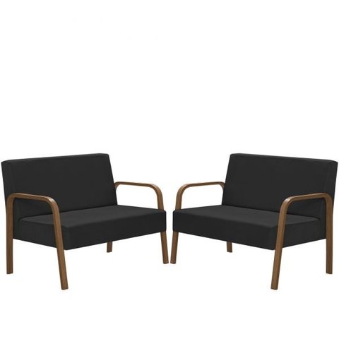 Kit Poltrona Decorativa 2 Namoradeiras Jade Braço Madeira D Salla Suede Preto