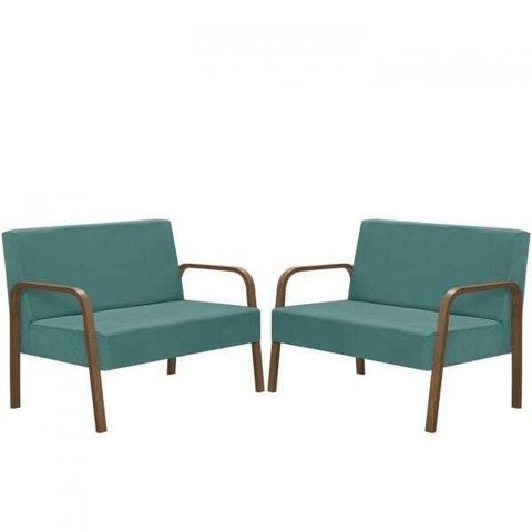 Kit Poltrona Decorativa 2 Namoradeiras Jade Braço Madeira D Salla Suede Turquesa