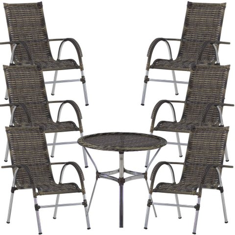 6 Cadeiras Vênus Alumínio e Mesa com Tampo Tramado para Jardim Piscina e Área Trama Original