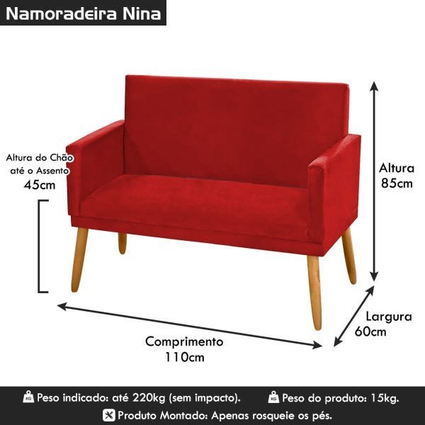 Poltrona Decorativa Namoradeira Nina 2 Lugares Suede Vermelho - 6