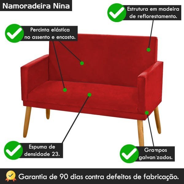 Poltrona Decorativa Namoradeira Nina 2 Lugares Suede Vermelho - 5