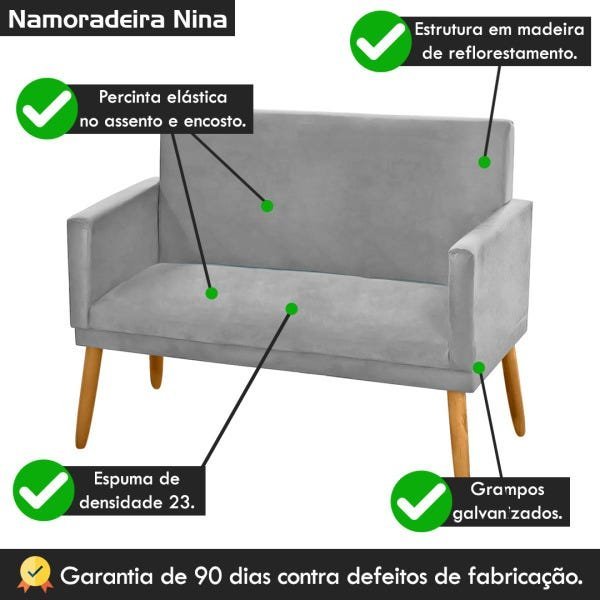 Poltrona Decorativa Namoradeira Nina 2 Lugares Suede Cinza Claro - 5
