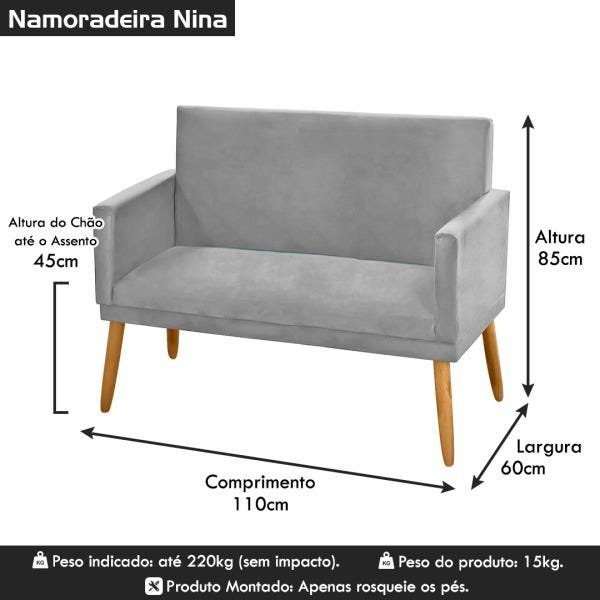 Poltrona Decorativa Namoradeira Nina 2 Lugares Suede Cinza Claro - 6