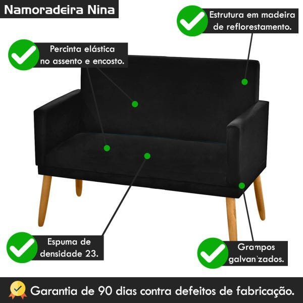 Poltrona para Recepção Clínica 2 Lugares Nina Namoradeira Corino Preto - 5