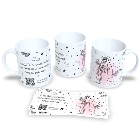 Caneca de Porcelana Coleção Religiosa com Qr Code Orações Santa Rita