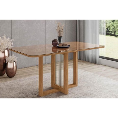 Mesa de Sala Jantar Natalí Sc71 C/ Tampo Madeirado C/ Vidro Curvo 160x90cm Nature - Henn