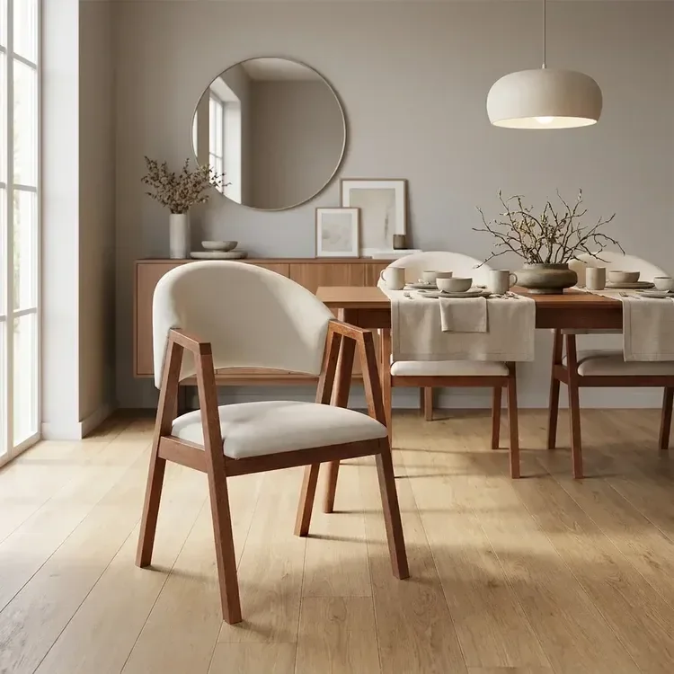 Cadeira de Jantar com Apoio de Braço 100% Madeira Maciça França Off White/Castanho