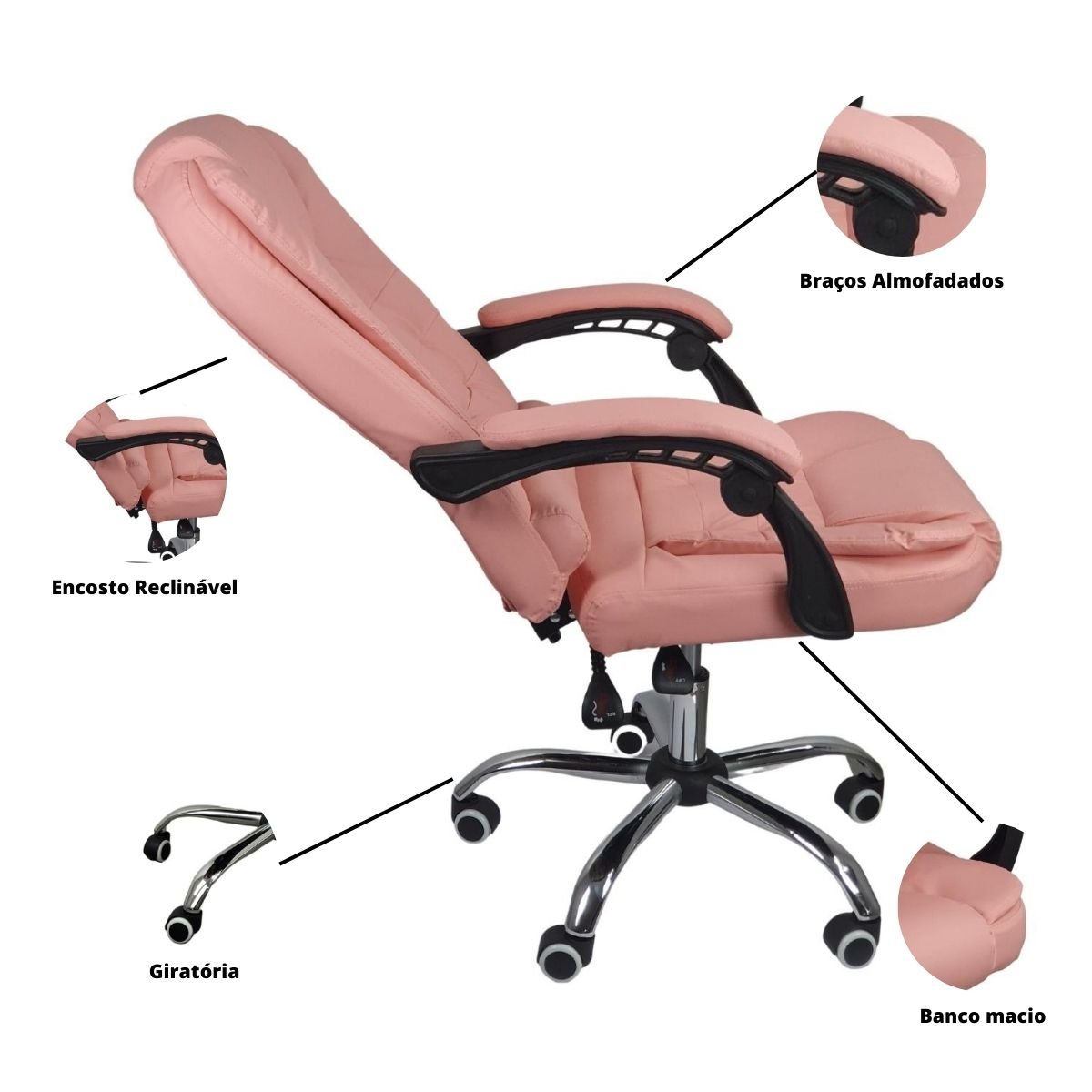 Cadeira de Escritório Presidente Reclinável Ergonômica - Rosa - 3