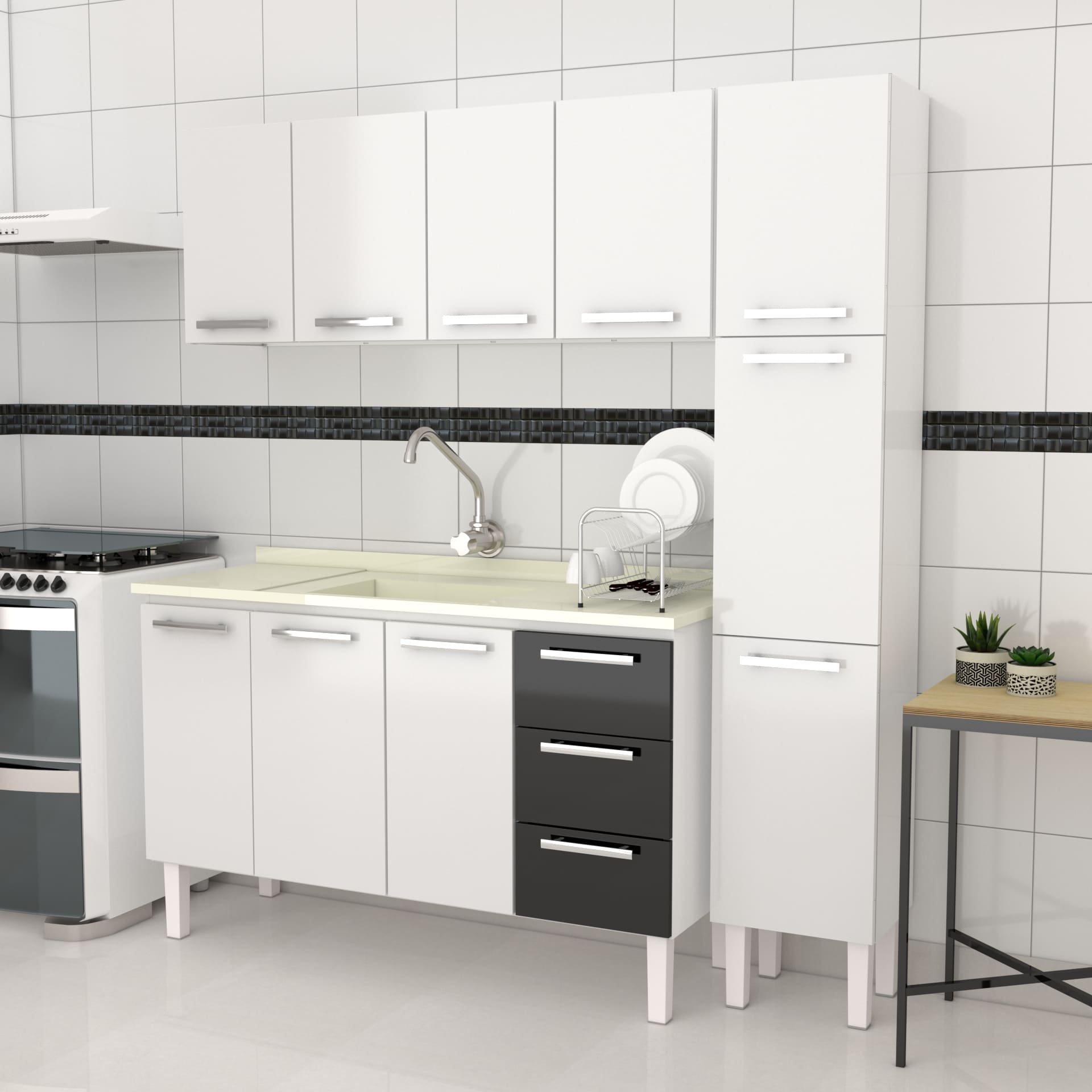 Gabinete de Cozinha Para Pia 150 em Aço Vênus 3 Gavetas Branco/Preto ...