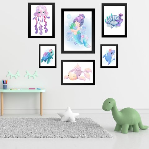 Kit 6 Quadros Quarto Infantil Fundo do Mar Sereia - com Vidro:moldura Preta