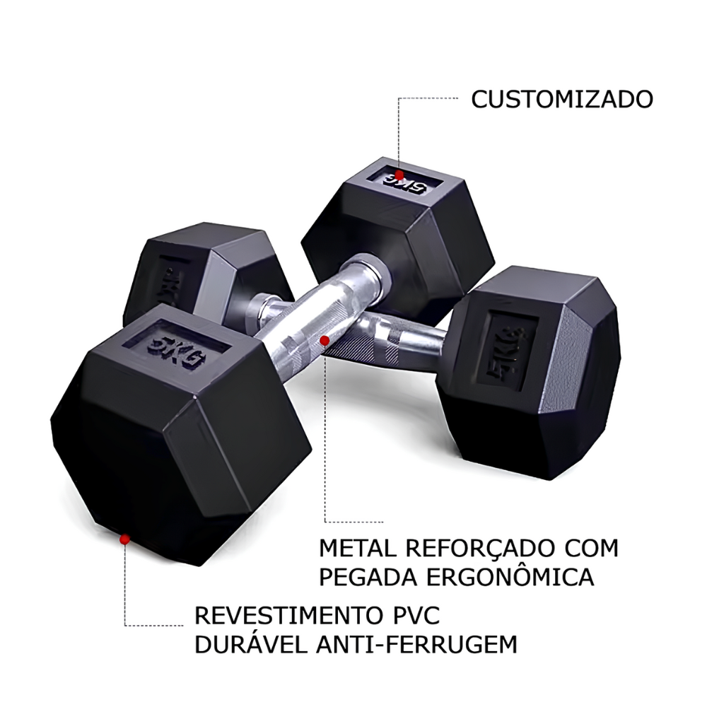 Fit Kit 2x Halteres com Borracha / Barra de Metal - 5kg - 6