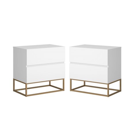 Conjunto 2 Mesa de Cabeceira Estilo Industrial 2 Gavetas Eros 45 Base Dourado:branco