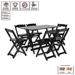 Jogo de Mesa 1,20 X 70 com 6 Cadeiras Dobráveis de Madeira Cor Preto - Móveis Britz - 3
