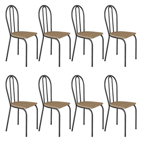 Kit 8 Cadeiras de Cozinha Texas Estampado Rattan Pés de Ferro Cromo Preto - Pallazio
