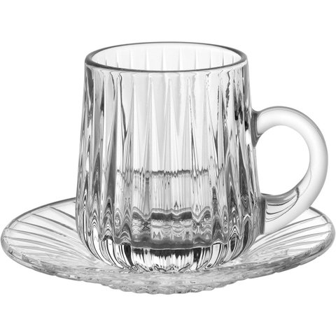 Kit 6 Xicaras Caneca de Cafe com Pires Home&co Lapidado Vidro 110ml 9x12x12cm Transparente