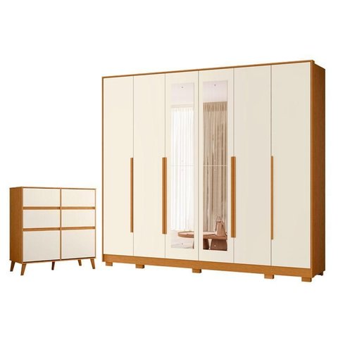 Guarda Roupa Casal Mercure com Espelho 6 Portas e Cômoda Sapateira Dora 04 Gavetas e 02 Portas