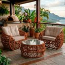 Ver imagem 3 de Jogo 2 Poltronas e Mesa de Centro Tampo de Vidro Aço e Corda Náutica Terracota Aruá Assento Bege