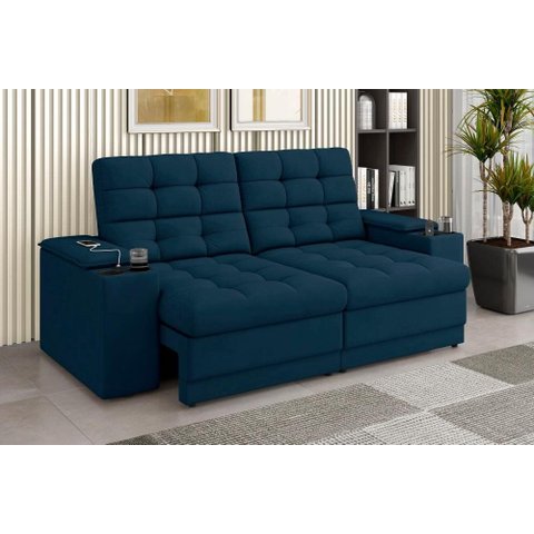 Sofá Confort Premium 2,05m Assento Retrátil e Reclinável Porta Copos e USB Suede Azul - Xflex Sofas
