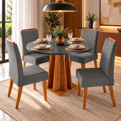 Conjunto Sala de Jantar Bristol 4 Lugares Mesa Redonda MDF 25mm 4 Cadeiras Estofadas Veludo