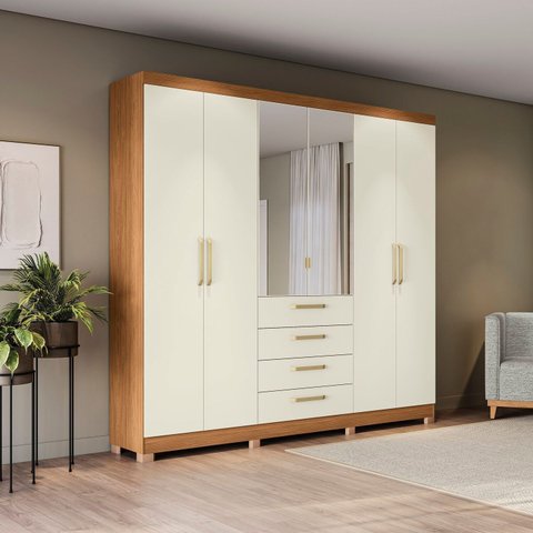 Guarda-Roupa Casal 6 Portas e 4 Gavetas com Espelho e Pés 235cm x 230cm Open Marrom/Canela/Off White