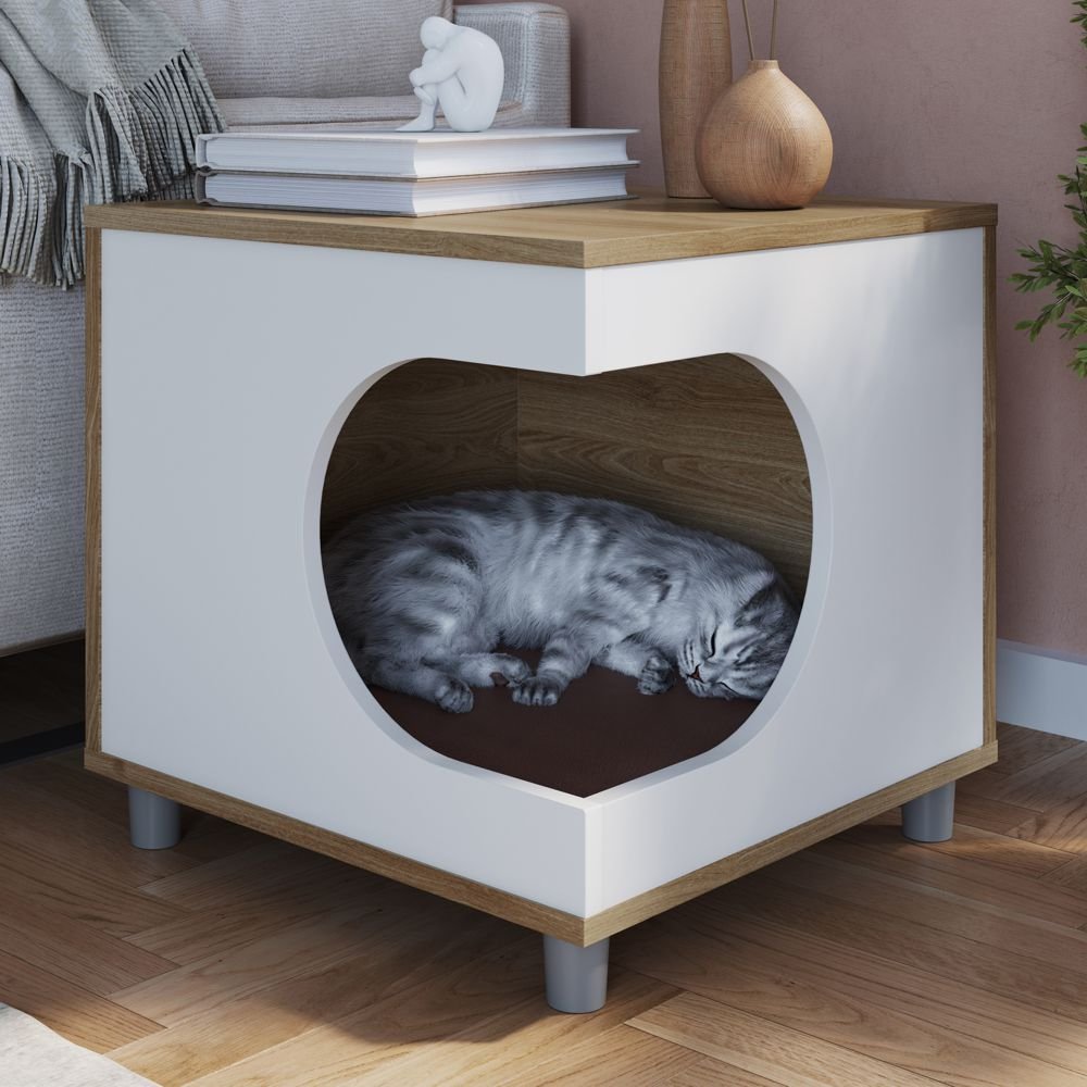 Mesa Lateral de Apoio Casinha para Pet 45cm com Almofada Aveiro Oak/branco Pet013 Completa Móveis