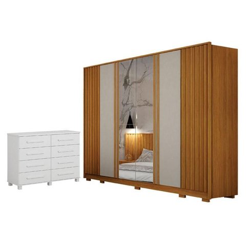 Guarda Roupa Casal Evo 6 Portas com Espelho Cinamomo e Off-white com Cômoda San Marino 8 Gavetas Bra