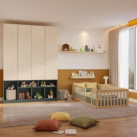 Quarto Montessori Cama Giulia e Guarda-Roupa Curió 4 Portas Casatema MadeiraOriginals Natural/Verde