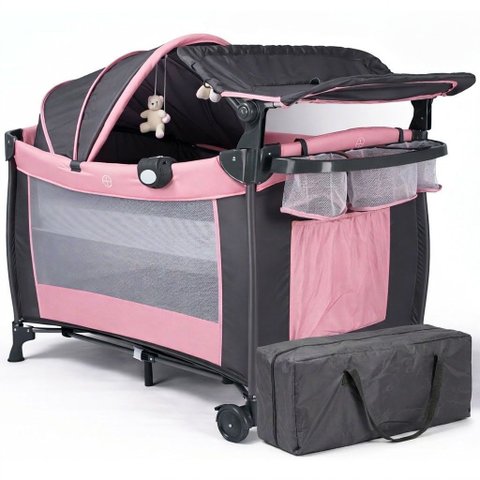 Berço de Bebê Portátil Zooper Rosa com Trocador Mosquiteiro Bolsa e Caixa Musical Som e Luz Dobrável