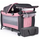 Ver imagem 1 de Berço de Bebê Portátil Zooper Rosa com Trocador Mosquiteiro Bolsa e Caixa Musical Som e Luz Dobrável