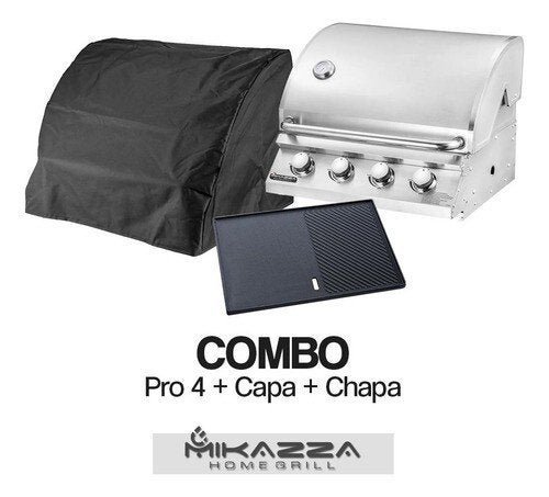 Churrasqueira à Gás Embutir Mikazza Pro 4 Combo + Chapa de Ferro Fundido + Capa Protetora - 1