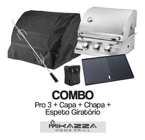 Churrasqueira à Gás Embutir Mikazza Pro 3 Combo + Chapa de Ferro Fundido + Capa Protetora + - 1