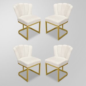 Kit 04 Cadeiras Flor Recepção Linho Bege- Base Ferro Dourado