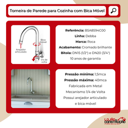 Torneira de Parede com Bica Móvel e Arejador Articulável para Cozinha Debba Metal Cromado - Roca - 4