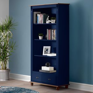 Estante para Livros de Madeira com 1 Gaveta Pés Torneados - Azul Bic com Tampo e Base Imbuia Glazer
