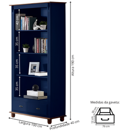 Estante para Livros de Madeira com 1 Gaveta Pés Torneados - Azul Bic com Tampo e Base Imbuia Glazer - 4