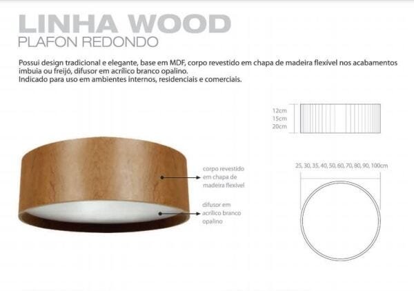 Plafon de Madeira Wood Redondo 50cm - 5 Luzes E27 - Freijó (Claro) - 2