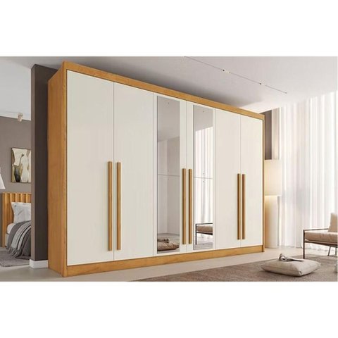 Guarda Roupa 6 Portas (2 C/ Espelho) e 4 Gavetas Alba Plus Peroba/off White - Europa