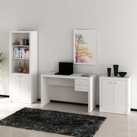 Kit para Escritório com Mesa 2 Gavetas Estante e Balcão Cor:branco