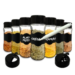 Kit 16 Potes Tempero pra Cozinha + 16 Etiquetas + Caneta Giz