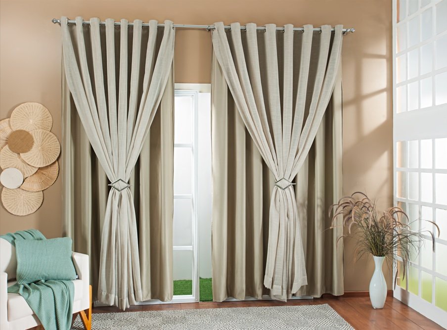 Cortina Gaze De Linho Forro Blackout 4,00x2,50 Sala E Quarto Avelã/Bege
