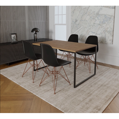 Mesa Industrial Base Ferro Preto Tampo 137x90 Amendoa 4 Cadeiras Eames Ferro Cobre Assento Preto