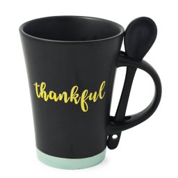 Caneca Preto fosco Thankful com Colher base Azul 310ml - 1