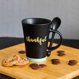 Caneca Preto fosco Thankful com Colher base Azul 310ml - 2