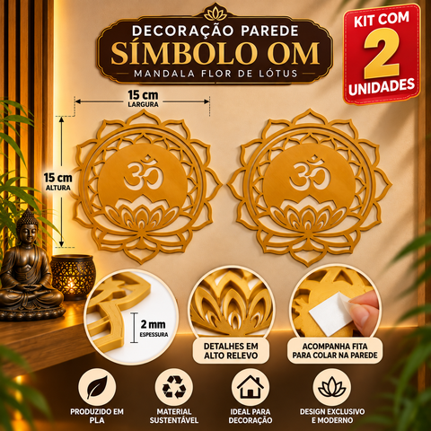 Kit 2 Unidades Decoração Parede Símbolo “Om” – Mandala Flor de Lótus:Dourado