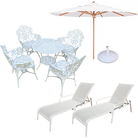 Kit Moveis Piscina Nova Hera com Mesa, 4 Cadeiras, Guarda Sol e 2 Espreguiçadeiras