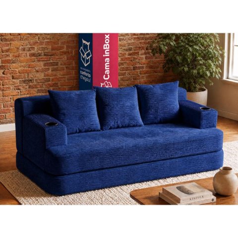 Sofá Cama Nami 1,88m Xpand Tech Tecido Velourê Azul Cama Inbox