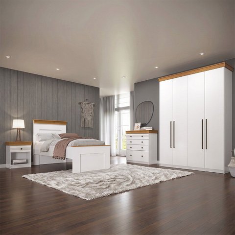 Conjunto Quarto de Solteiro Completo England em MDF Branco/Freijó